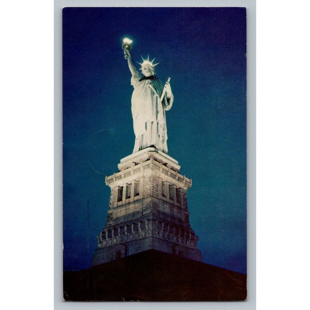 1955 NYC Statue of Liberty Night View Postcard by Charles Phelps Cushing
